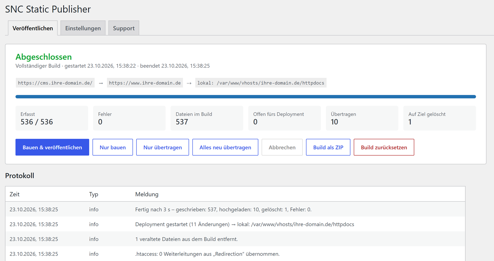 SNC Static Publisher: Status und Protokoll im WordPress-Backend